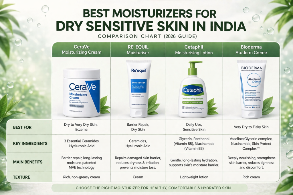 Comparison of best moisturizers for dry sensitive skin in India including CeraVe, Cetaphil, Bioderma and Re’equil