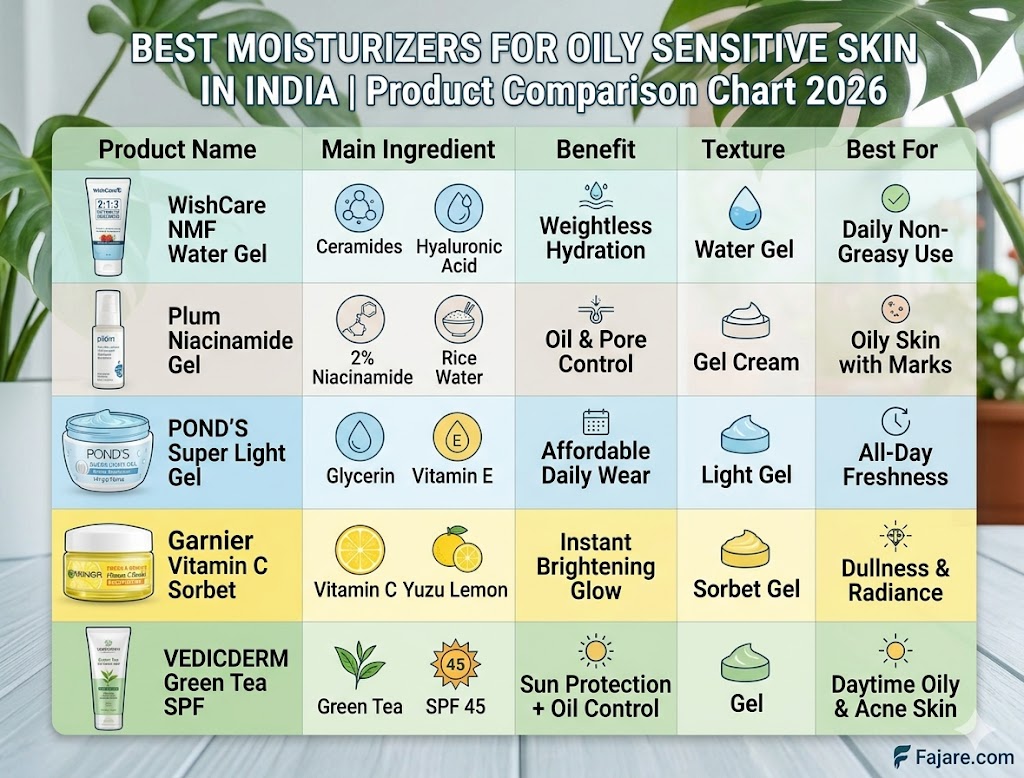 Comparison table of 5 moisturizers for oily sensitive skin in India showing ingredients and textures.