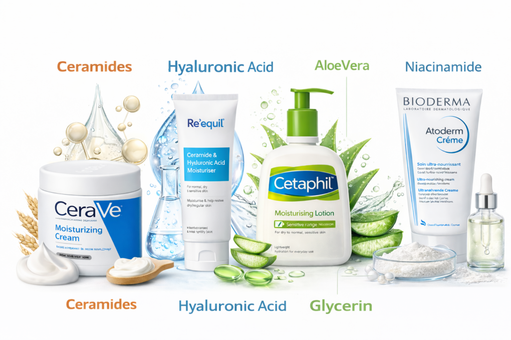Key ingredients in moisturizers for dry sensitive skin in India including ceramides, hyaluronic acid, glycerin and niacinamide