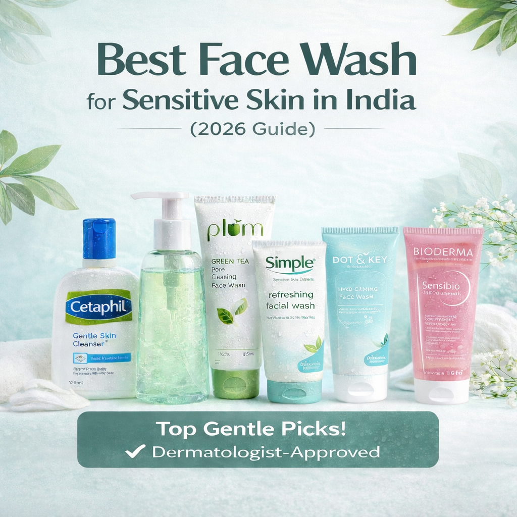 Best face wash for sensitive skin in India including Cetaphil, Plum, Simple, Dot and Key, and Bioderma