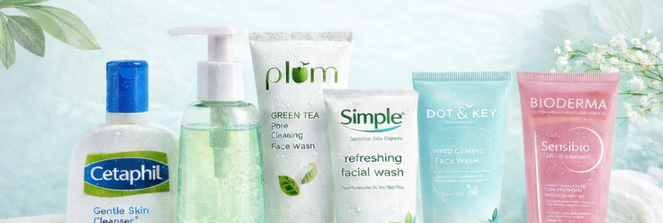 Best face wash for sensitive skin in India including Cetaphil, Plum, Simple, Dot and Key, and Bioderma