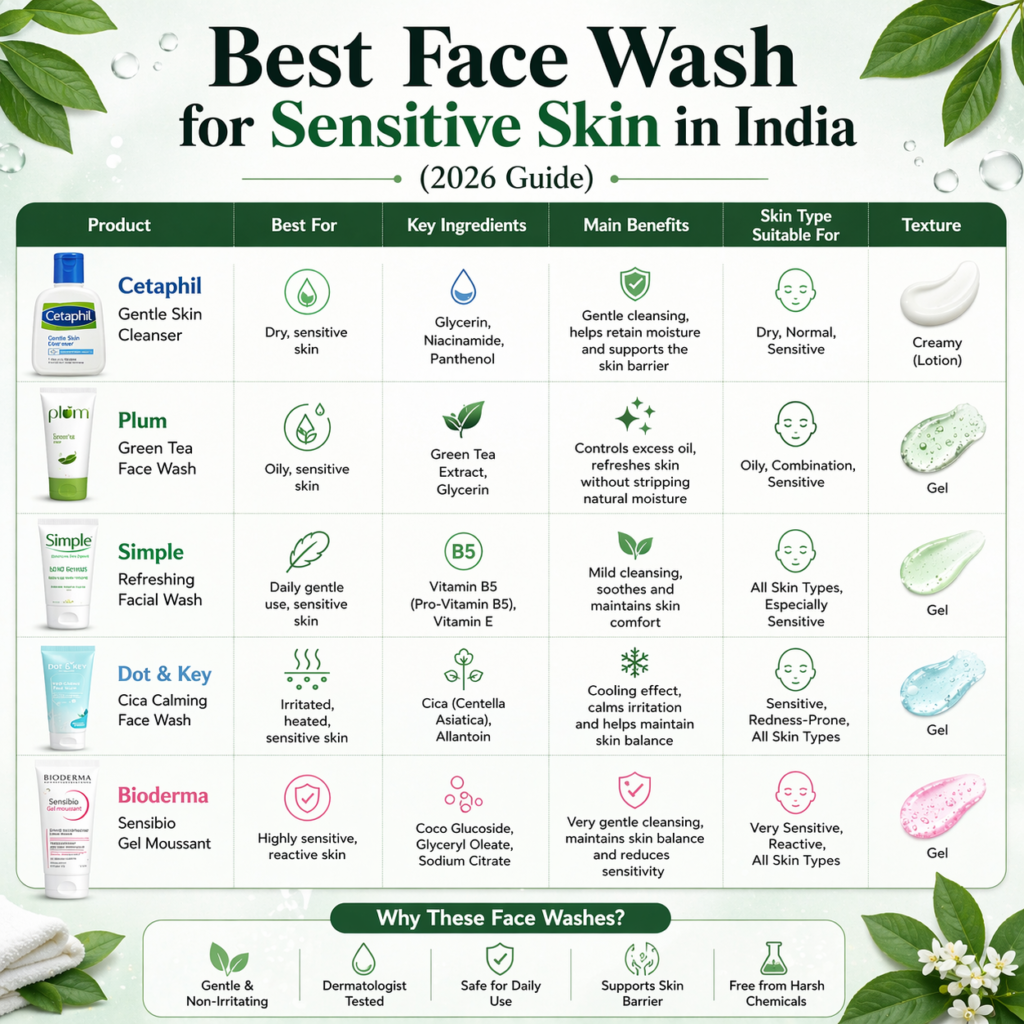 Comparison chart of best face wash for sensitive skin in India including Cetaphil, Plum, Simple, Dot and Key, and Bioderma
