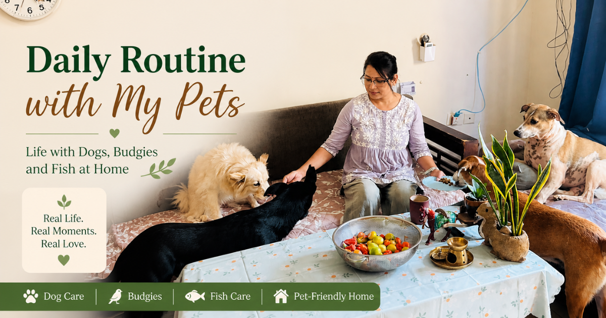 Woman feeding multiple dogs at home during daily routine with pets in a pet-friendly living space