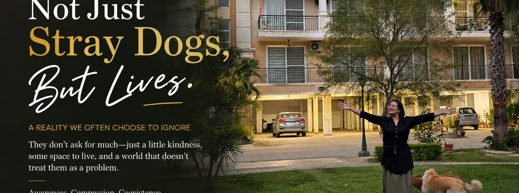 Woman standing with a dog in a residential courtyard symbolizing compassion, coexistence, and awareness for stray dogs in India