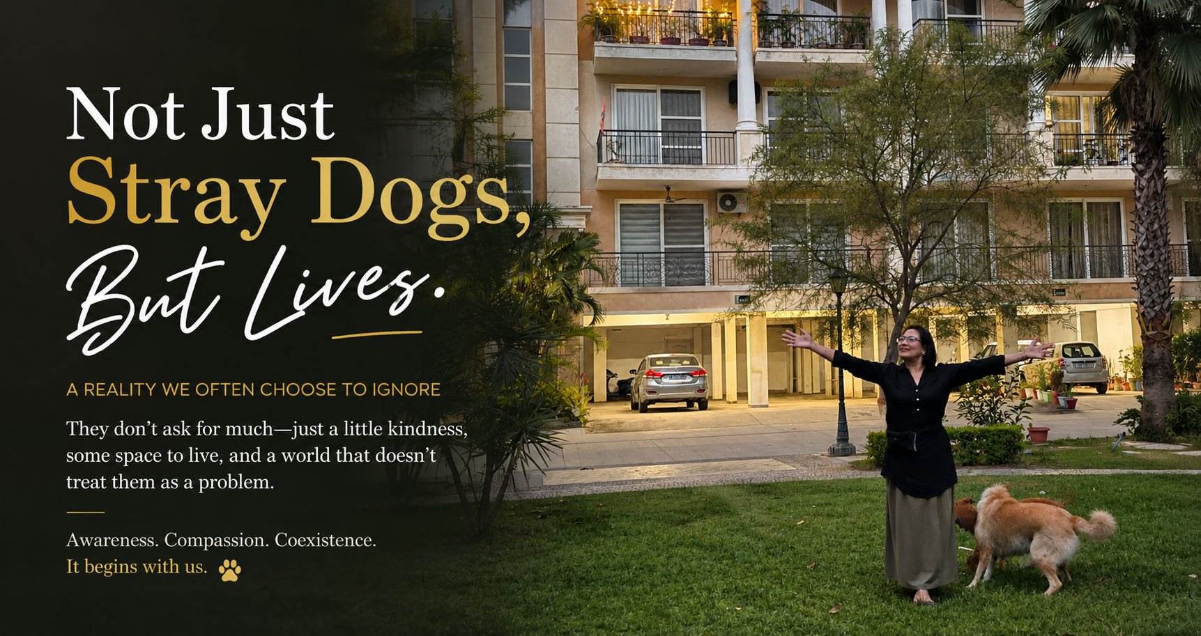 Woman standing with a dog in a residential courtyard symbolizing compassion, coexistence, and awareness for stray dogs in India