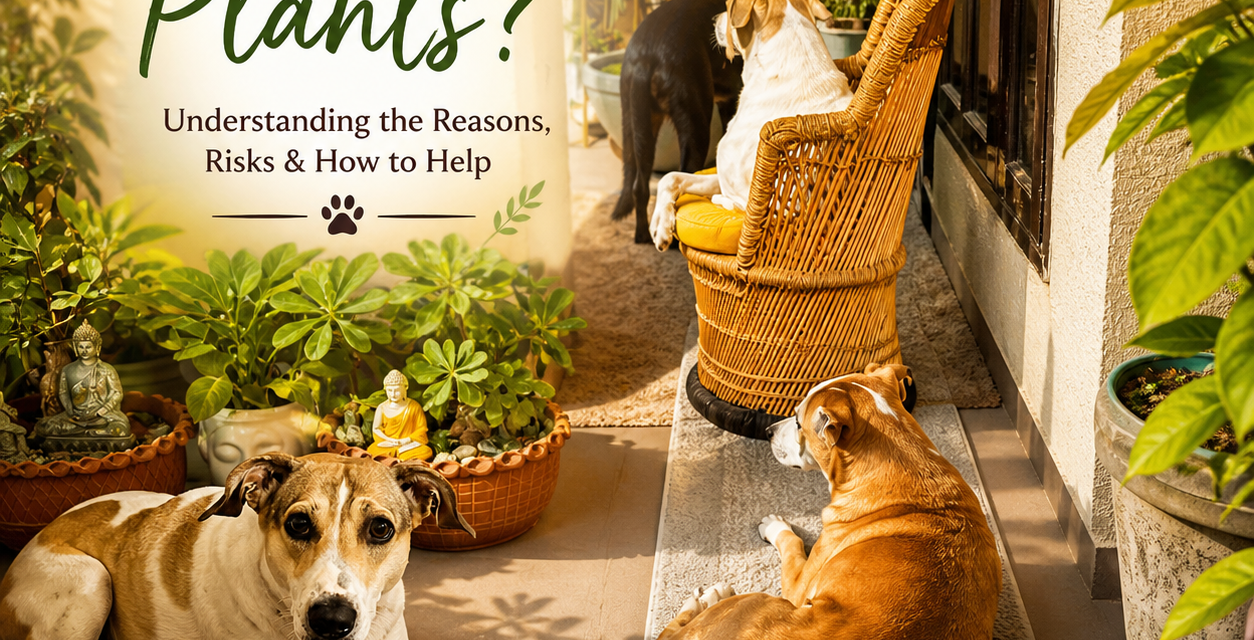 Rangbi and other indoor dogs relaxing among houseplants, showing why dogs eat plants in a pet-friendly home